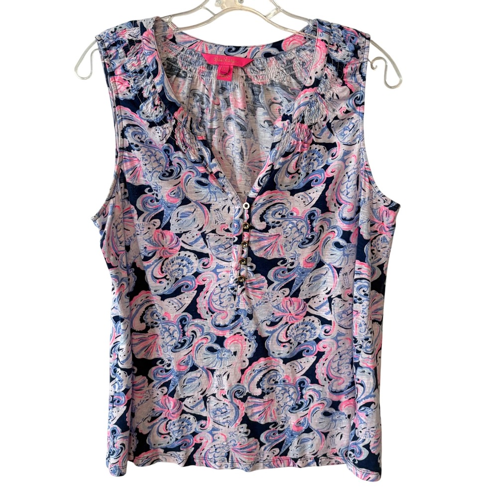 Lilly Pulitzer Women's Navy and Pink Cotton Essie Tank Top in Size L